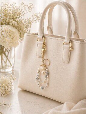 REIMAGINED Beaded Purse Charm Keychain 7” White Pearl Rhinestone Gold Tone NWT